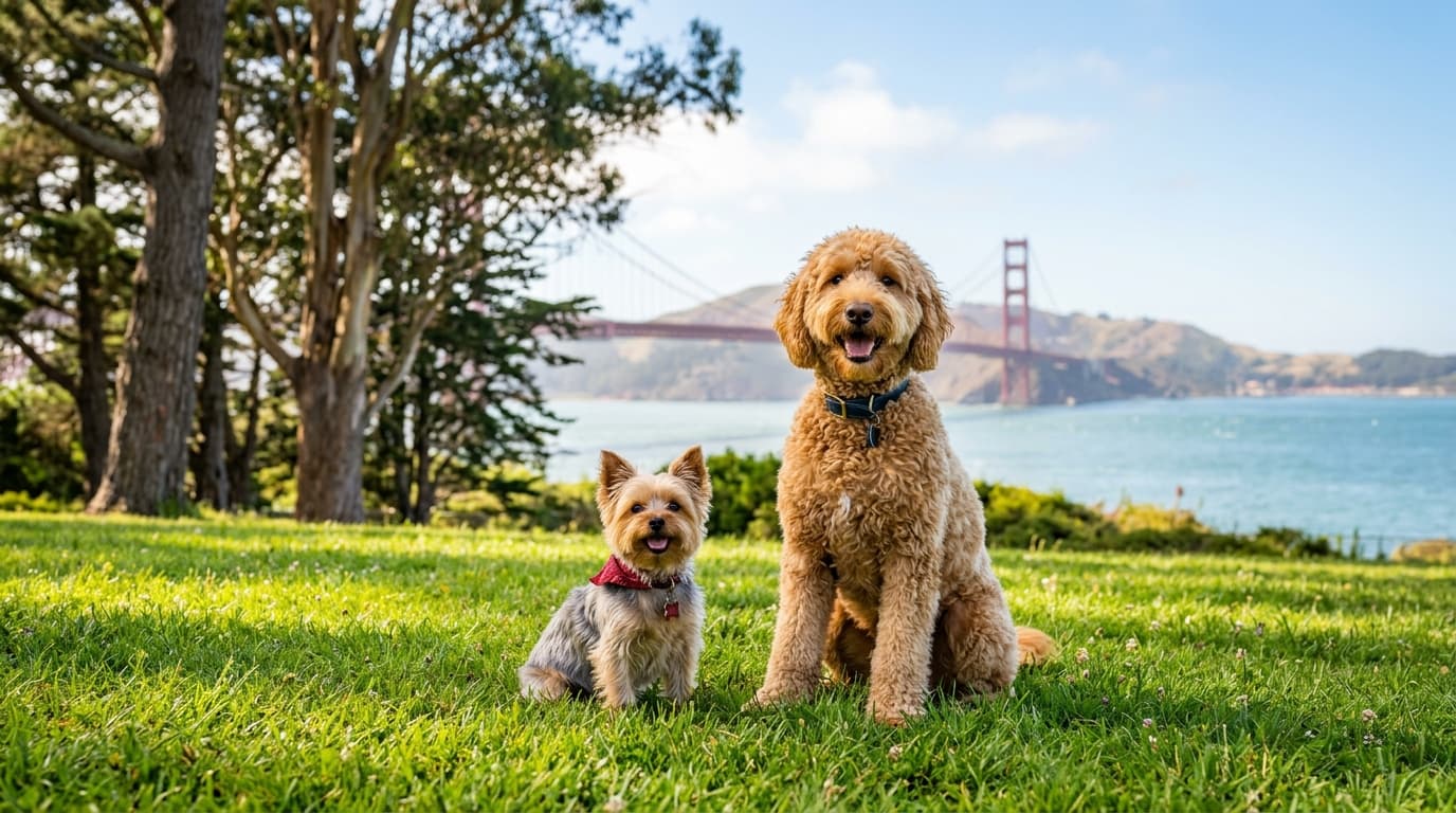 Happy groomed dogs in Marin County with Golden Gate Bridge view